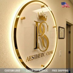 Custom Round Acrylic Logo Wall Sign LED Halo Backlit Mirror Finish