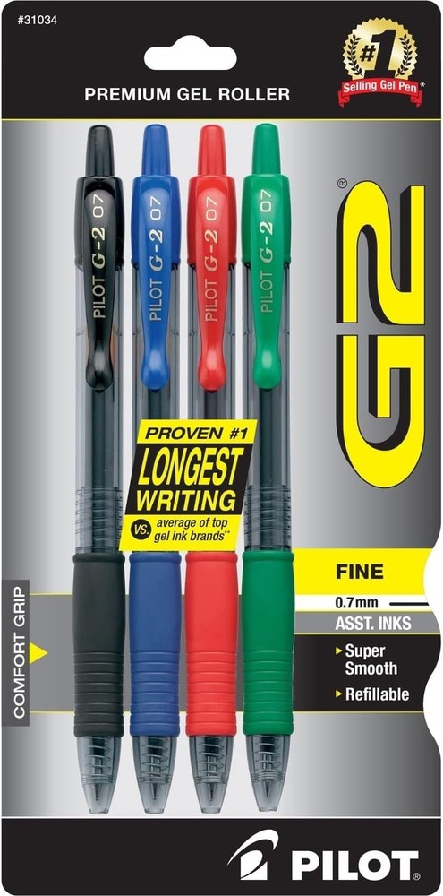 G2 Gel Roller Pens, 1mm Bold Point – Assorted Classic Colors, Pack of 4