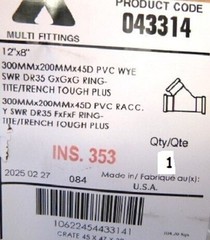 043314 Trench Tough Plus 12 x 12 x 8 in. Gasket Sewer SDR 35 PVC Double Wye