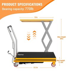 770 Lbs Hydraulic Double Scissor Lift Table Cart 11.5-59″ Lift Rang Steel Wheels