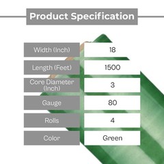 4 Rolls 18″ x 1500′ 80 Gauge Cast Bundling Hand Stretch Wrap Film Tint Green