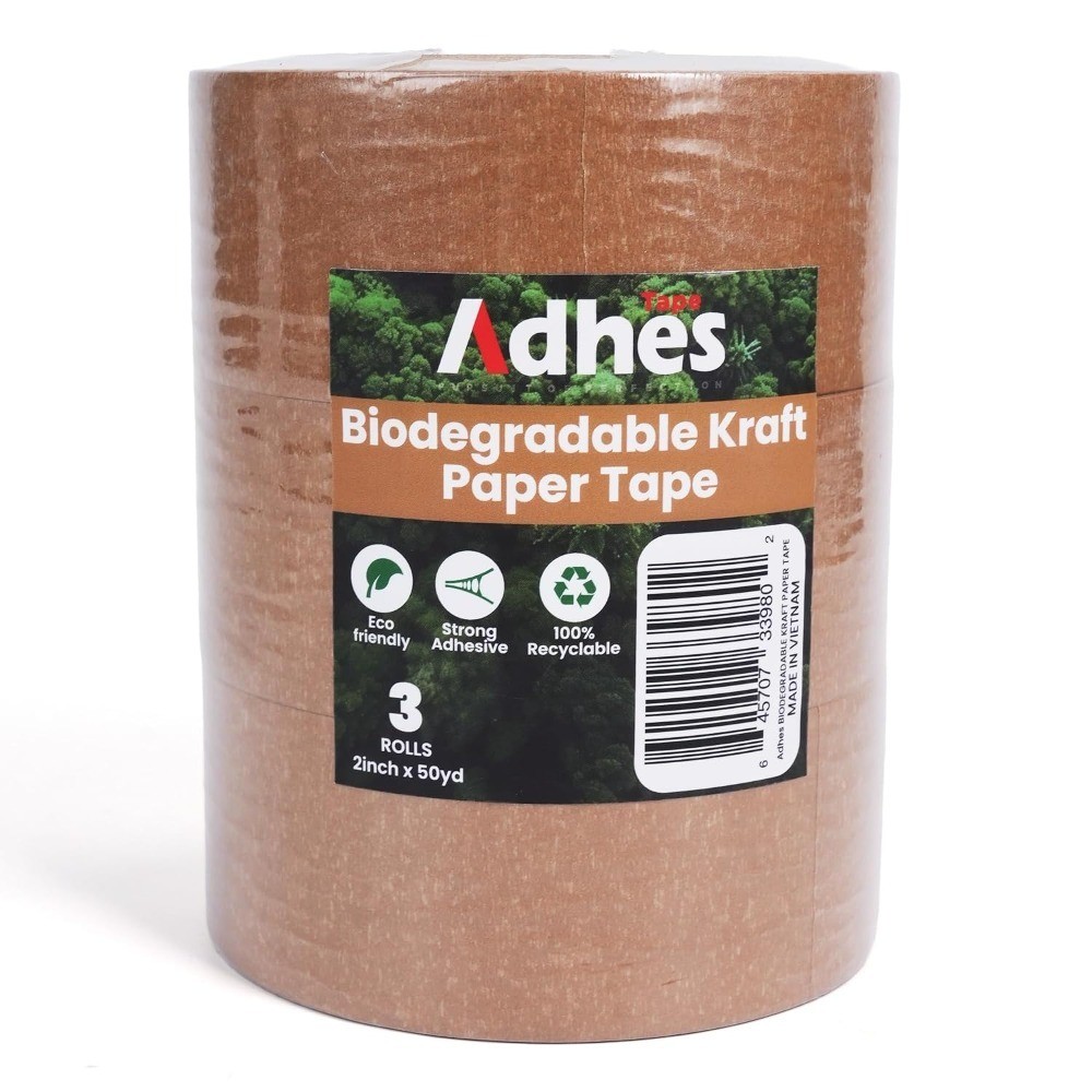 Adhes Biodegradable Brown Paper Packing Tape 3 Rolls 2 Inch x 50 Yards,