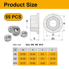 55Pcs Flange Nut Assortment Kit – Metric M6, M8, M10 Stainless Hex Flange Nuts S