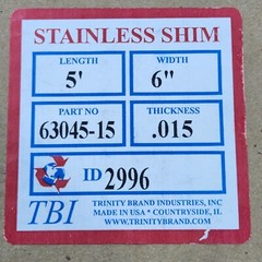 304 Stainless Steel Sheet Shim, .015″ x 6.0″ x 5 Foot Length  New