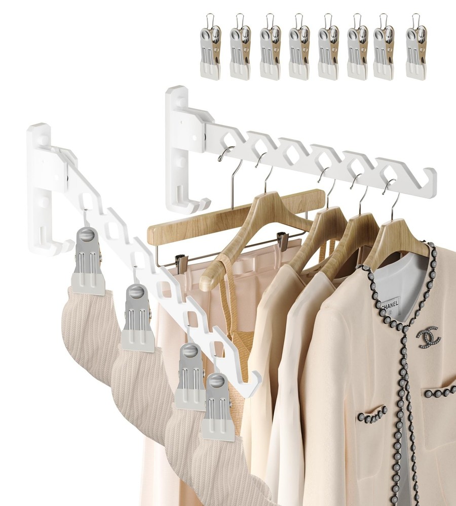 Wall Mount Coat Hanger Holder White Clothes Drying Organizer Rack Garment Hoo…
