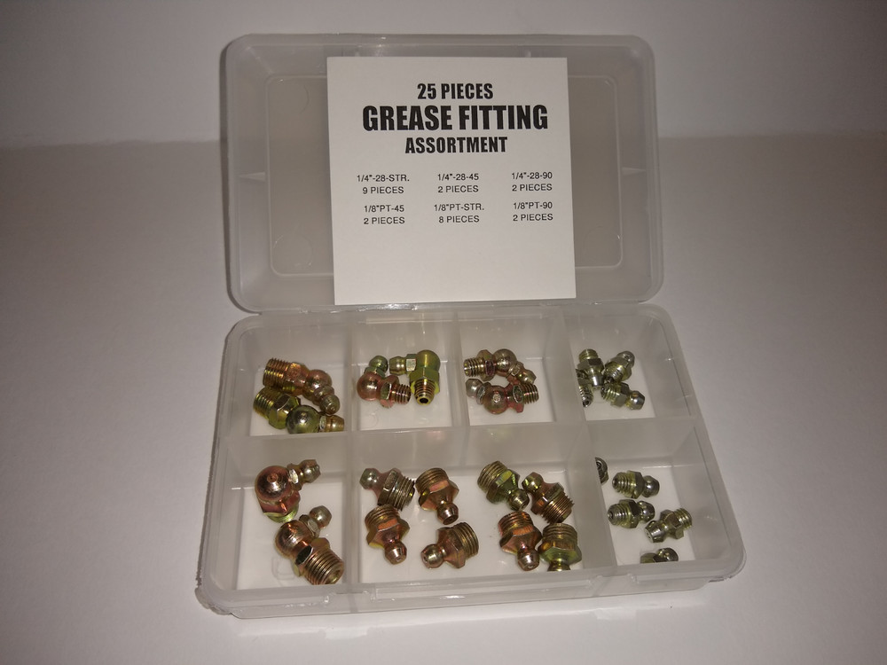 25 PCS. 1/4″-28 and 1/8-NPT Grease Zerk Nipple Fitting Assortment Str.- 45-90