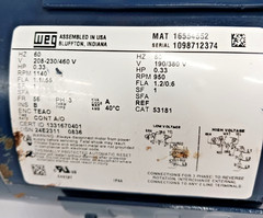 New Weg .33 HP Ac Electric Motor 56 Frame 208-230/460 Vac 1140 Rpm TEAO 16554552