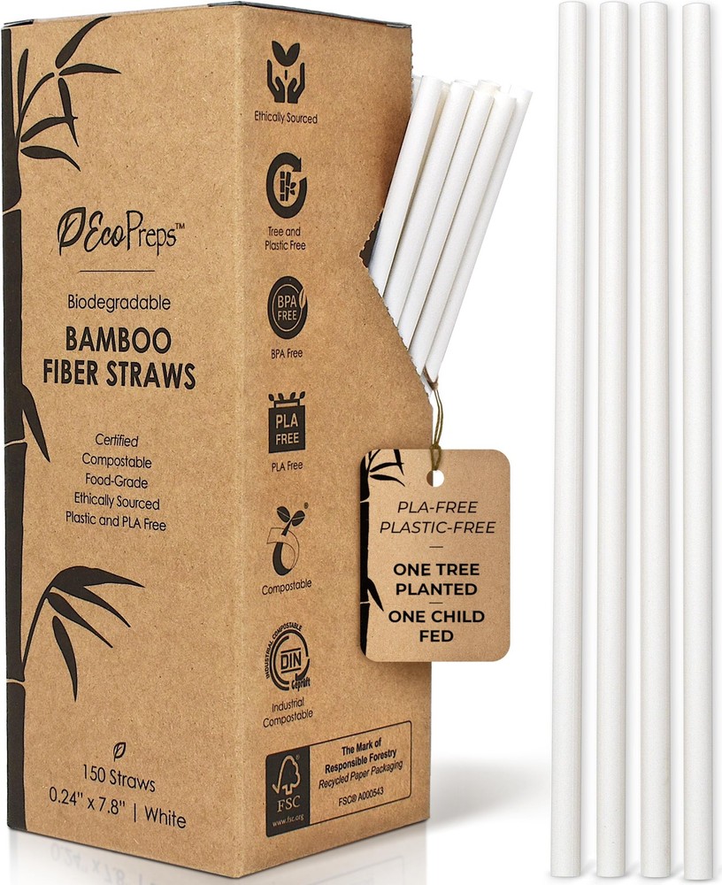 Ecopreps Biodegradable Bamboo Fiber Straws 150 Count 100 Compostable