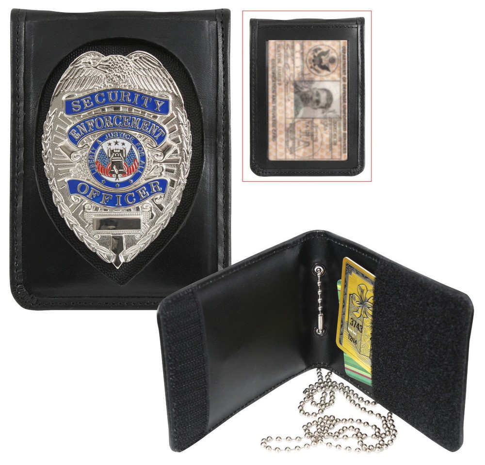 Leather Shield Style Bi-Fold Badge & ID Holder with Neck Chain Rothco 1139
