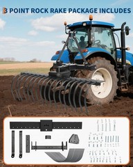 50” Landscape Rake, 3 Point Hitch Tractor Rake Fit for Category-0 Cat-1 Tractor