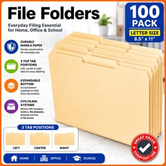 Share File Folders 100 Pack Letter Size Manila 1/3 Cut Tabs Office