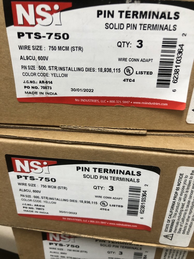 NSI PTS-750 Yellow Die 750 MCM AL9CU Solid Pin Terminal -Box Of 3