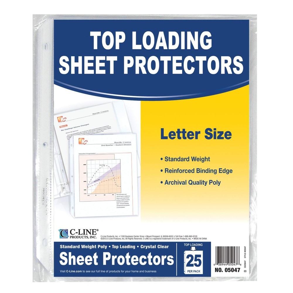 C Line 25 Pack Clear Standard Weight Sheet Protectors Top Loading Polypropylene