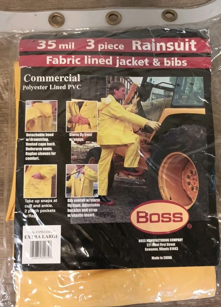 NEW Boss 3 Piece Slicker Yellow Rain Suit 35MM Removable Hood Lined Mens Size M