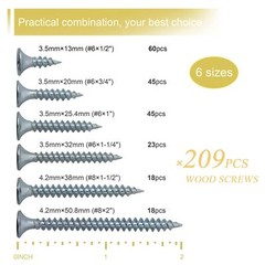 209-Piece Wood Screws Assortment Kit with Phillips Drive and Various Sizes
