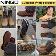 NINGO Men Steel Toe Waterproof Work Boots Leather Square Toe Western Cowboy Boot
