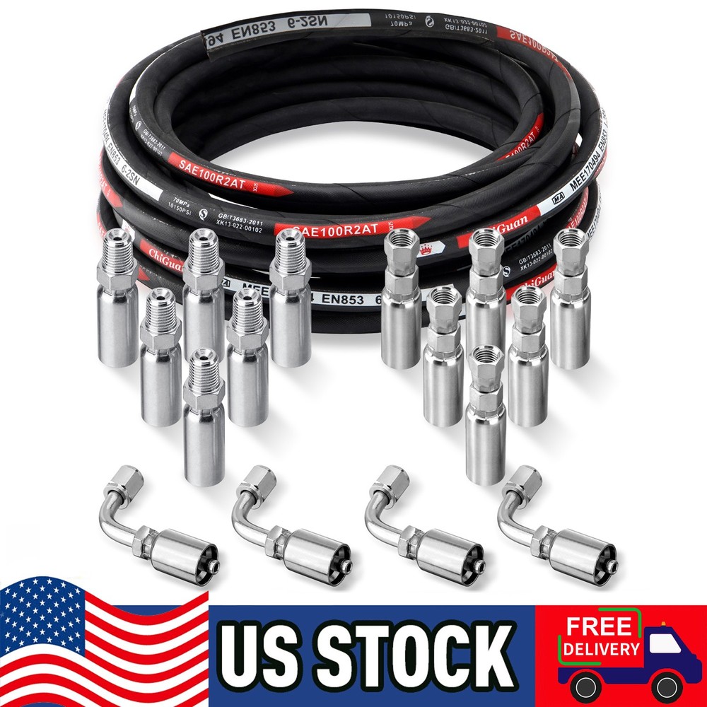 33FT Hydraulic Hose + 16 Fittings Straight & 90° 1/4″ JIC Female & 1/4 NPTF Male