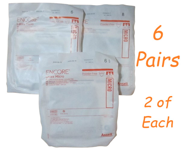 6 – Encore Latex Micro Powder-Free Surgical Glove Sz 6, 6.5, 8 (2 of each)