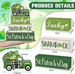4 Pcs St Patrick’s Day Table Decorations Green Shamrocks Wooden Signs Block Fa