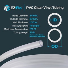 Clear Vinyl PVC Tubing 20ft, 3/16″ ID x 5/16″ OD, Low Pressure