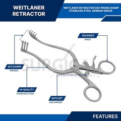 Weitlaner Retractor 4.5″ 3X4 Prong SHARP Stainless Steel German Grade