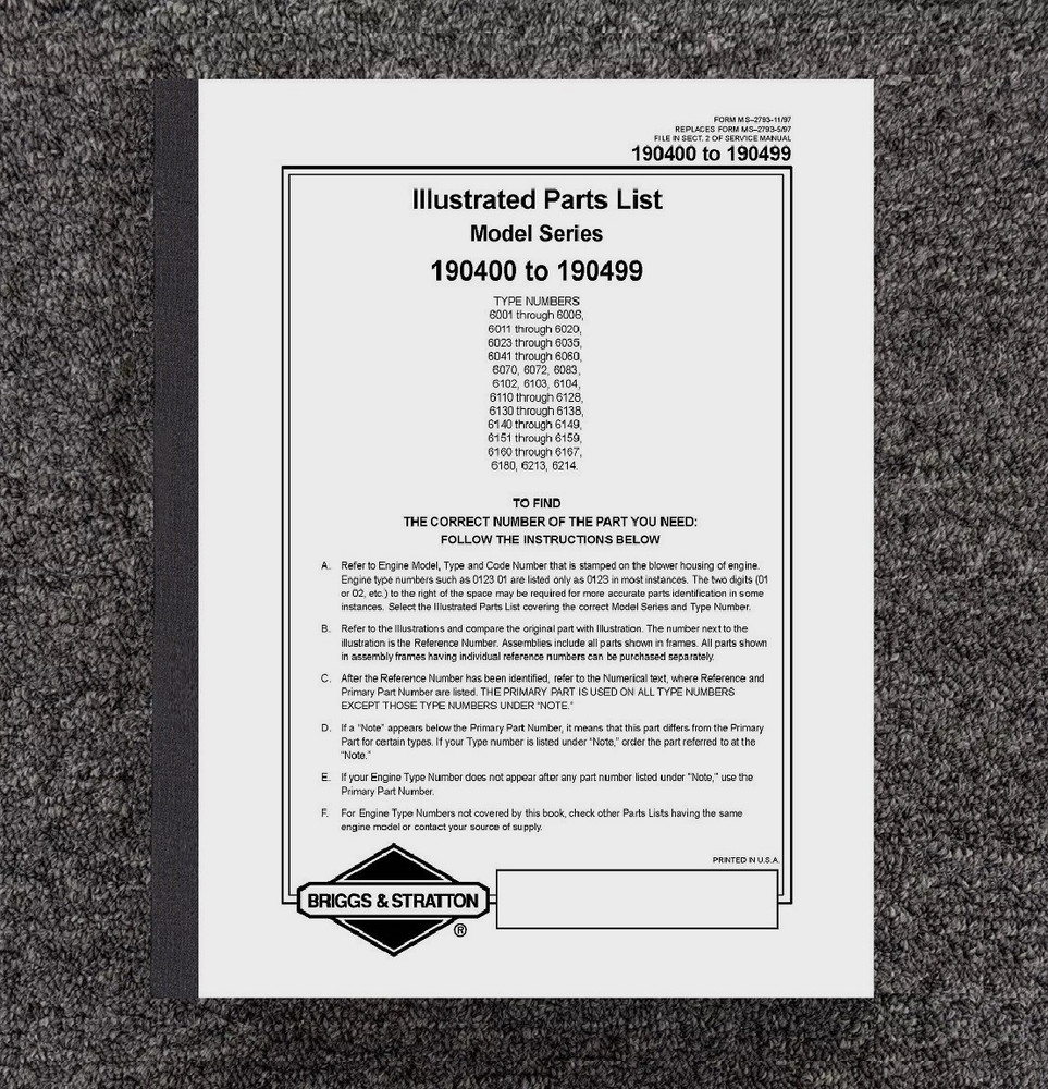 8HP GASOLINE ENGINE SERVICE PARTS MANUAL FITS B & S 190400-190499