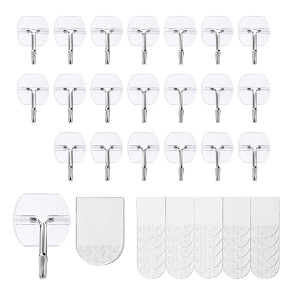 20 Small Hooks+25 Strips, Clear Wire Utility Hooks with Removable Strips Dama…