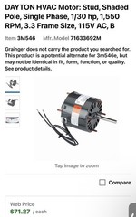Dayton 71633692M Hvac Motor, 1/30 Hp, 1550 Rpm, 115V, 3.3 Dented Box New Sealed