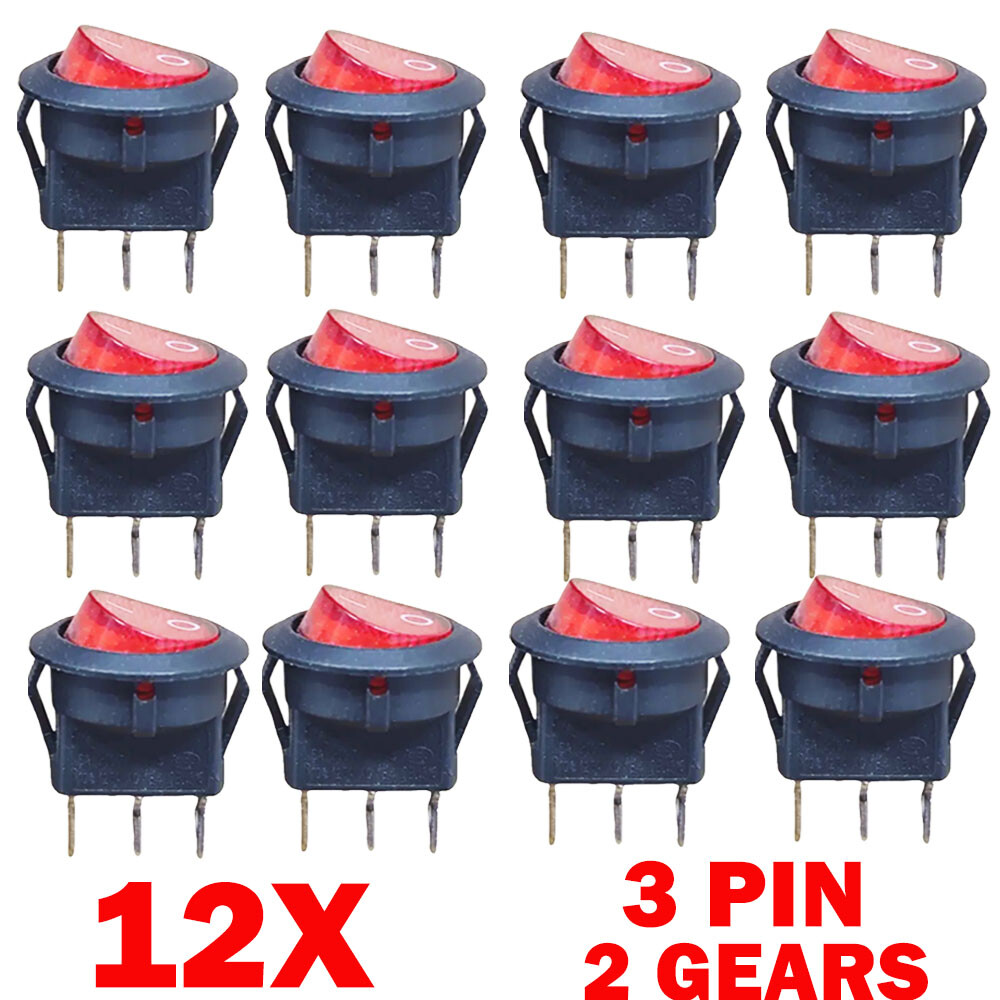 12PC For SPST 3 Pin ON/OFF Round Rocker Switch With Red Neon Lamp 10A/125VAC