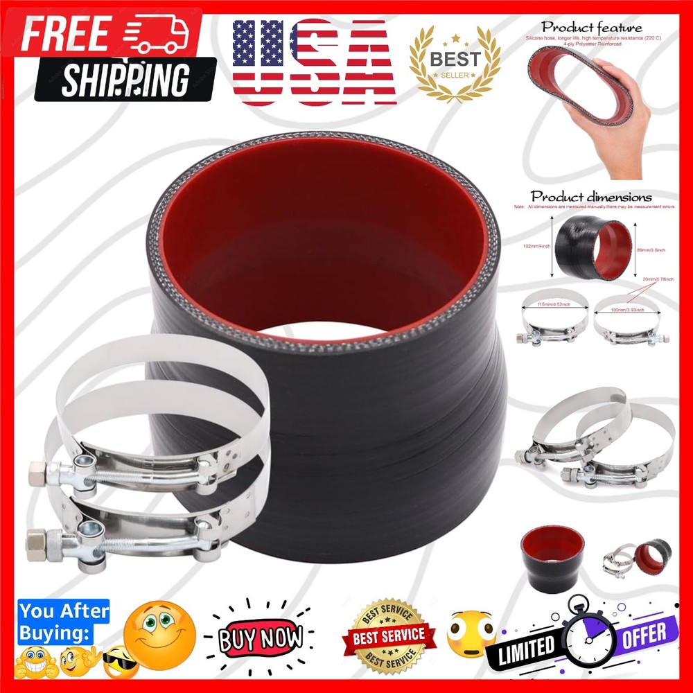 Straight ID 3.5 to 4 inch Black Silicone Reducer Coupler with 2 T-Bolt Clamps…