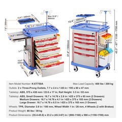 VEVOR 5 Tiers Lab Carts Mobile Medical Cart with 5 Drawers & 2 Trash Cans Blue