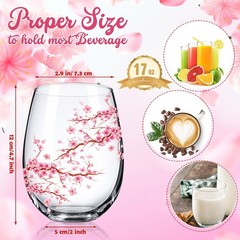 2 Pack 17oz Cherry Blossom Stemless Wine Glasses Floral Drinking Glasses Cherry