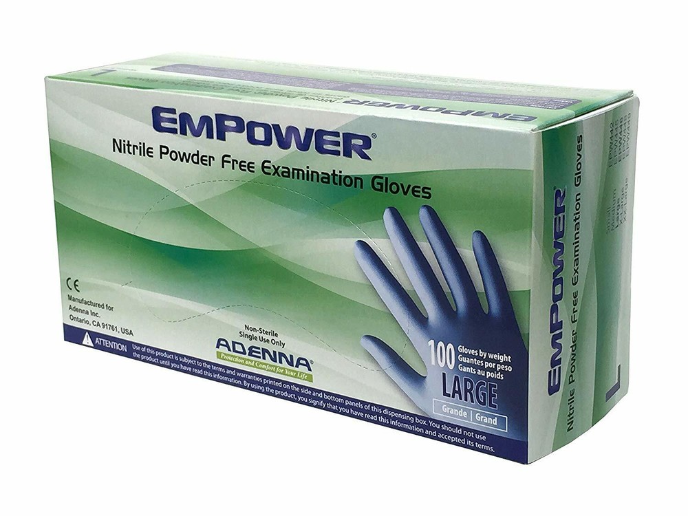 Adenna EPW446 Empower 8 mil Nitrile Powder Free Exam Gloves Blue, Large 100 pcs