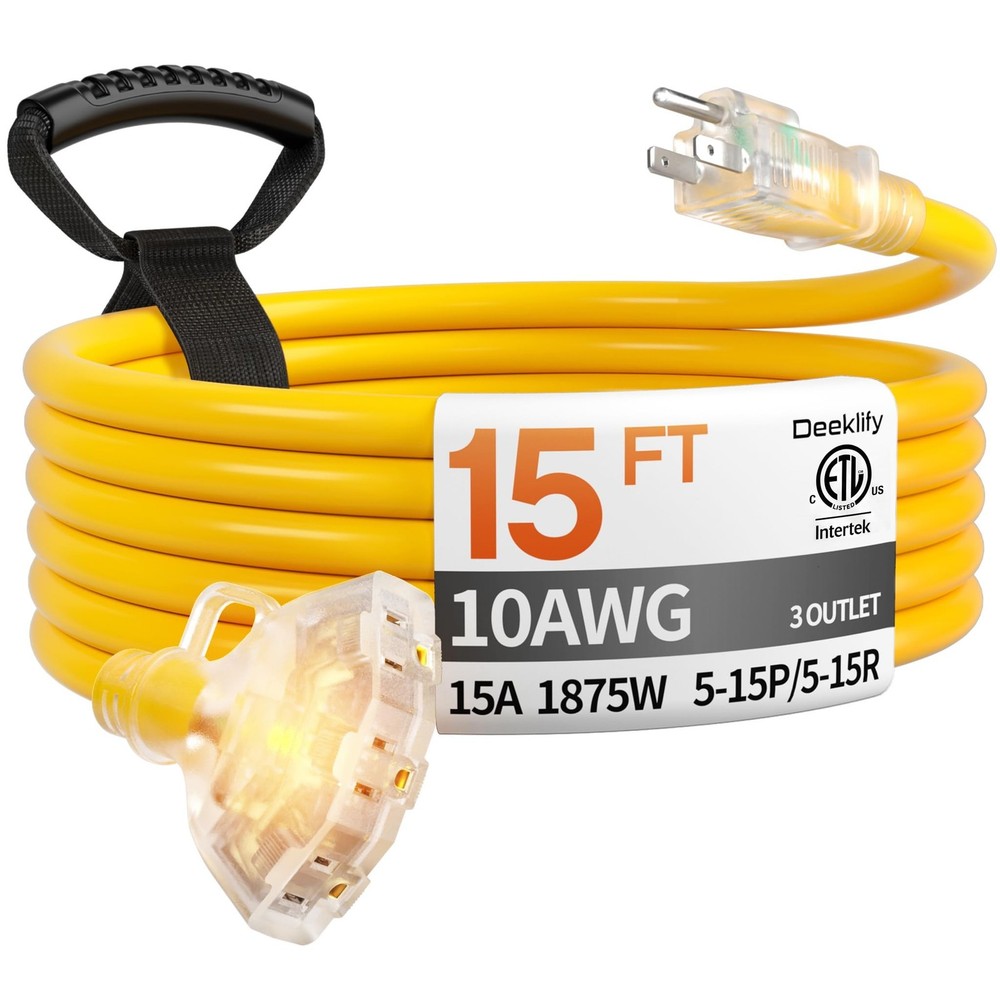 15 ft 10 Gauge Heavy Duty 3 Outlet Extension Cord Splitter with Indicator, Wa…