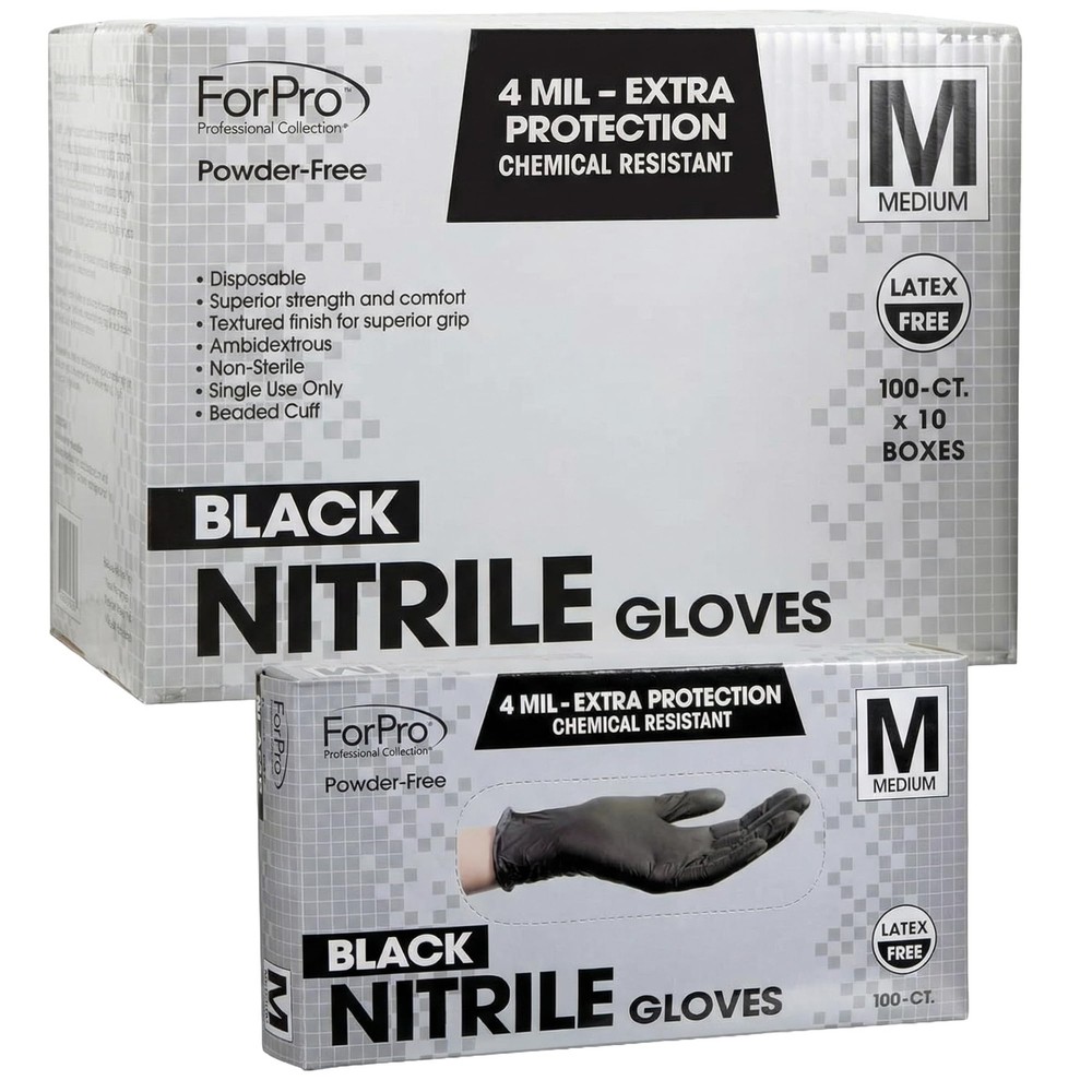 ForPro Nitrile Gloves Chemical Resistant PowderFree Black Medium 1000Count