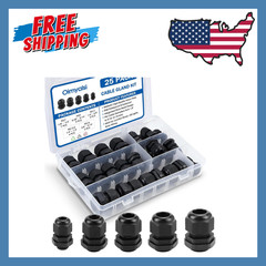 25-Pack Cable Gland Kit IP68 Waterproof Nylon Cord Grip PG7-PG16 Black