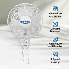 Hurricane Supreme 12 Inch 90 Degree Oscillating 3 Speed Wall Fan, White (2 Pack)