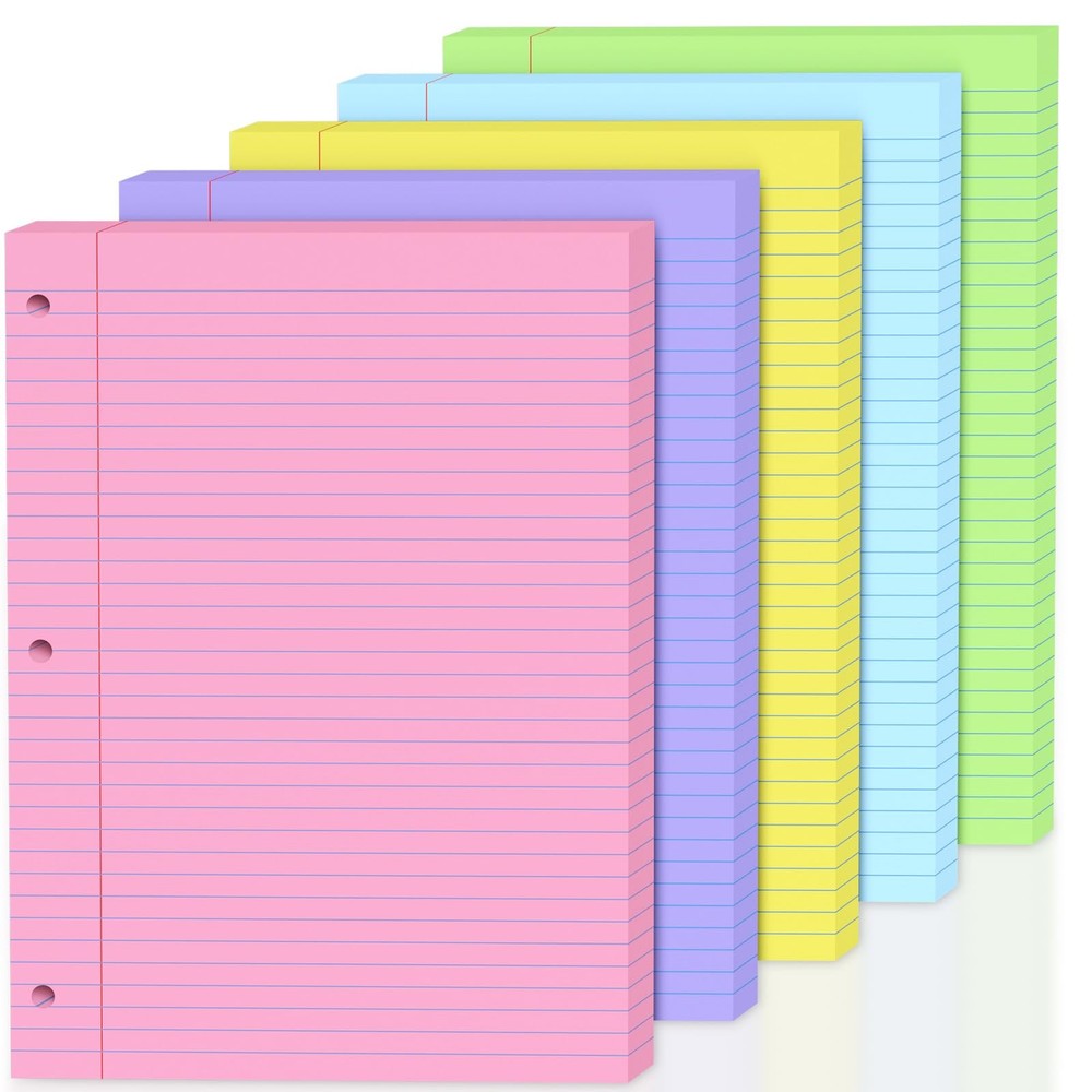 100 Sheets Colored 8×10.5 Inch Loose Leaf Paper, 5 Colored College Ruled 3 Ho…