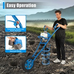 63CC 3hp Gas Powered Post Hole Digger Earth Auger Wheeled Ground Drill w/12″ Bit