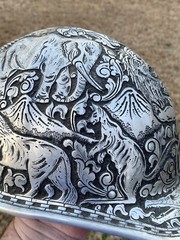 VINTAGE HAND ENGRAVED ALUMINUM McDONALD HARD HAT INDONESIA JUNGLE ANIMALS ART