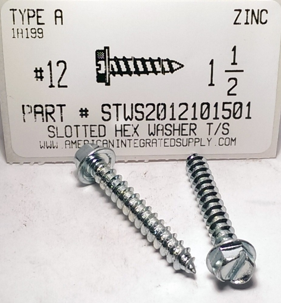 #12×1-1/2 Slotted Hex Washer Head Tapping Screws Steel Zinc Plated (250)