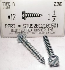 #12×1-1/2 Slotted Hex Washer Head Tapping Screws Steel Zinc Plated (250)