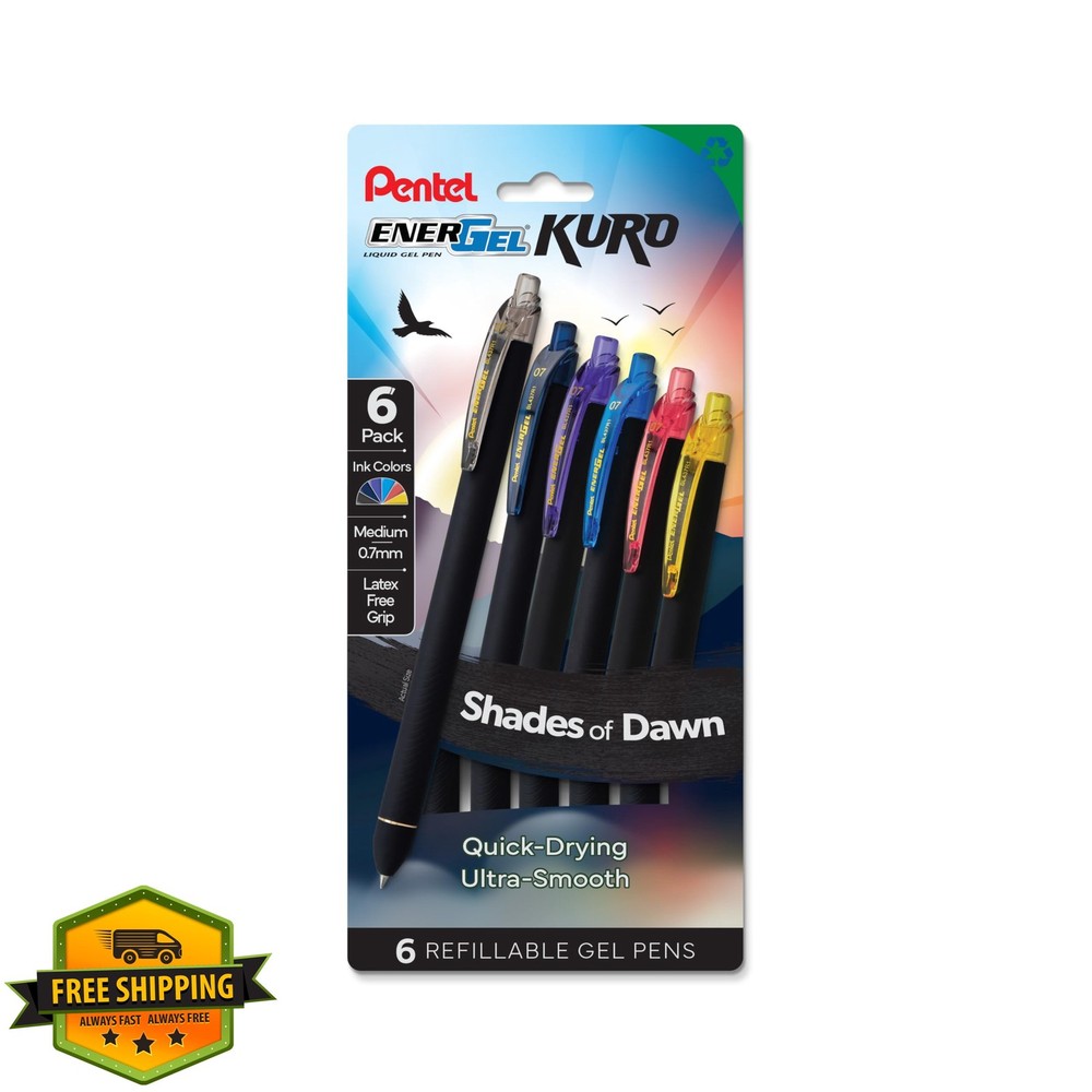 Pentel EnerGel Kuro Shades Pen 6pk Assorted Ink Retractable Liquid Gel BL437D…