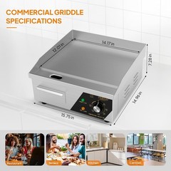 14″ Commercial Electric Countertop Flat Top Griddle, 1500W 110V Electric Griddle