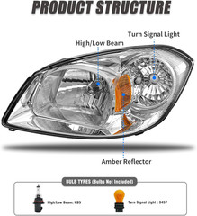 2005-2010 Chevy Cobalt Pontiac G5 Pursuit Headlights Chrome Amber Left Right