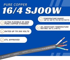 WindyNation 2-DAY SHIPPING 16/4 SJOOW Cable 16 Gauge 4 Conductor 300V Cable Wire