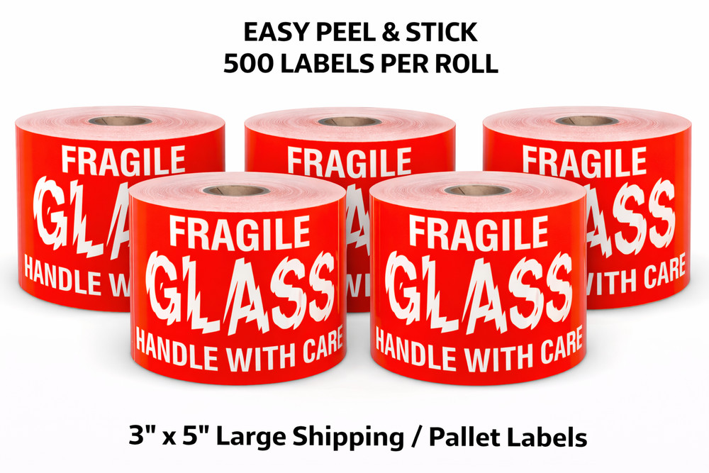 Shipping Labels- 3X5 Fragile Glass 500 labels per roll, 1-12 Rolls