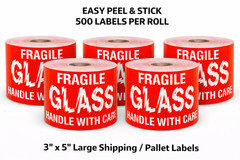 Shipping Labels- 3X5 Fragile Glass 500 labels per roll, 1-12 Rolls