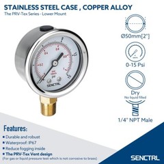 0-15 Psi Low Pressure Gauge, 2″ Dial Size, 1/4 Npt Lower Mount, Waterproof, Stai