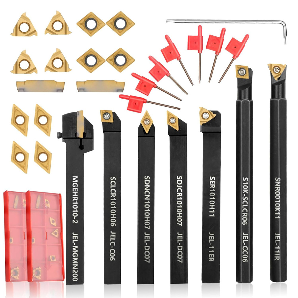 Indexable Lathe Turning Tool 21Pcs Kit 3/8” 10Mm Shank 7Pcs Metal Lathe Tool